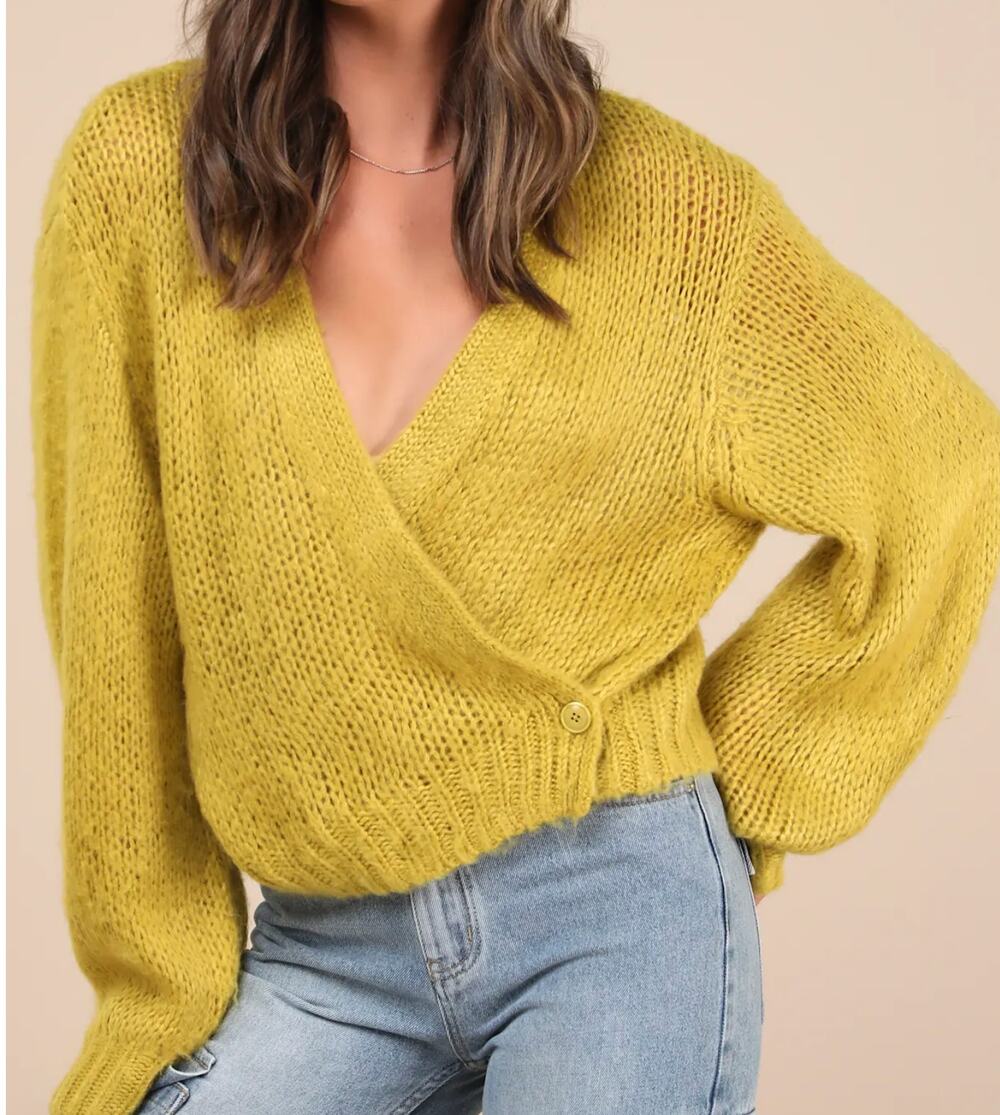 NWT Steve Madden  Lime Green Loose Knit Balloon Sleeve Cardigan Sweater Small